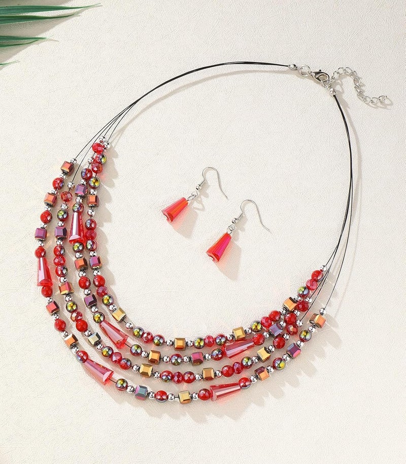 Errally Store Layered Beaded Statement Necklace Multi Strand Crystal Beads Collar Necklace and Earring Sets for Women Fashion Costume Jewelry Set Gifts for Her - Image 2